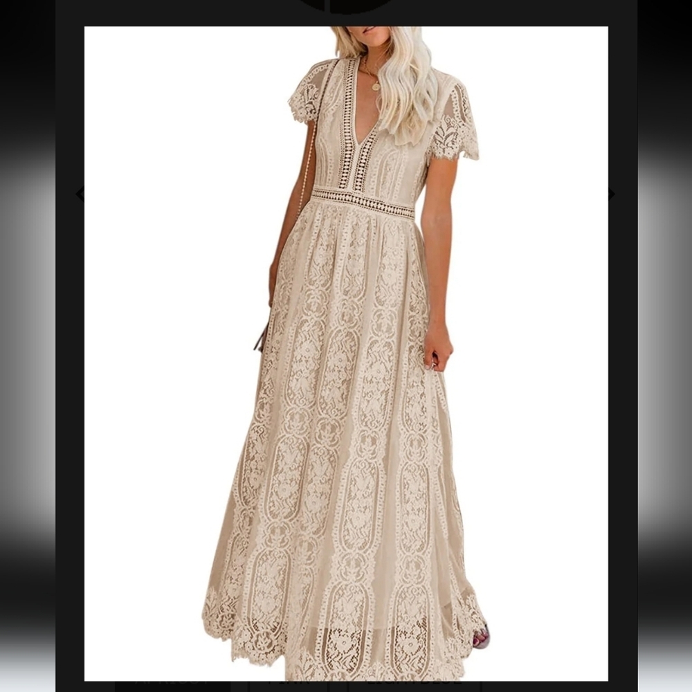 Merokeety Floral Lace Maxi Dress Champaign Bohemian Romantic Formal Elegant 2XL